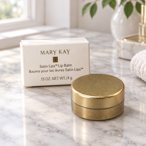 AI-generated lifestyle photo of the Mary Kay Satin Lips Lip Balm jar and its retail box on a marble vanity
