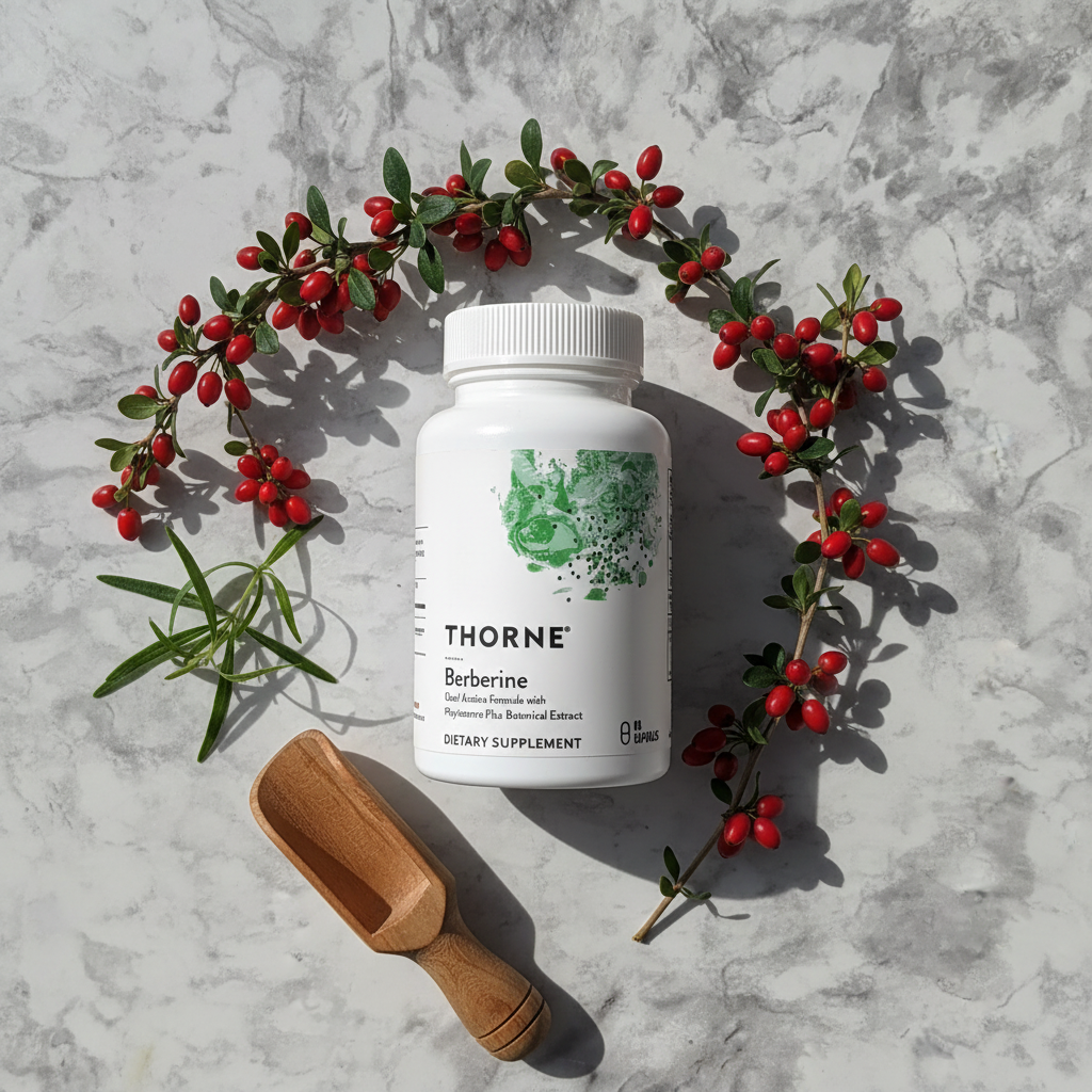 Flat lay of Thorne Berberine bottle with fresh barberry branches red berries green leaf sprig and wooden scoop on white marble