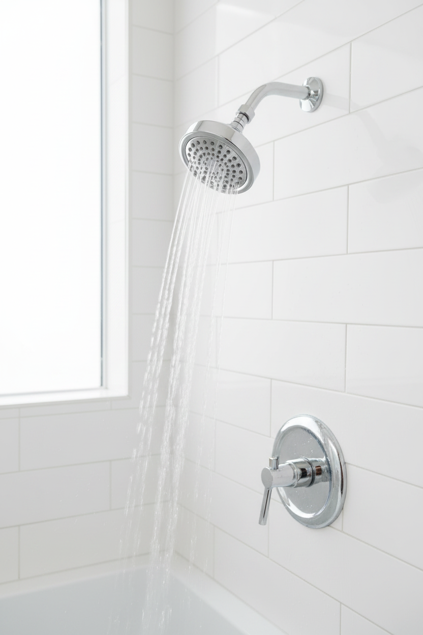 Moen Dartmoor polished chrome shower head installed on white tile bathroom wall with water flowing
