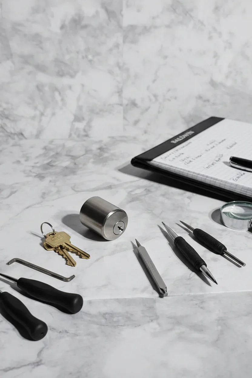 Baldwin 8321.150 Satin Nickel mortise lock cylinder on marble worktable with locksmith precision tools and leather notepad