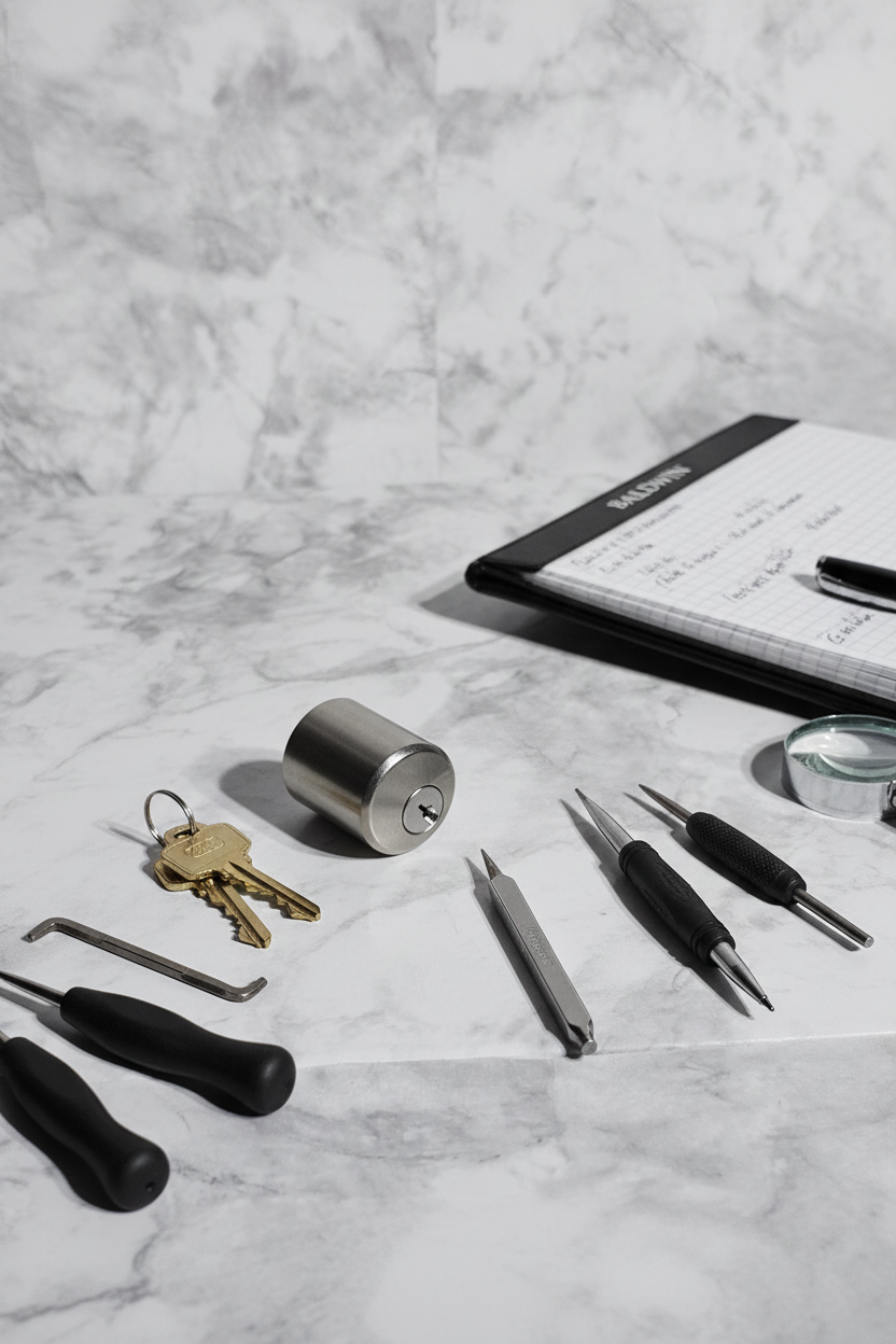 Baldwin 8321.150 Satin Nickel mortise lock cylinder on marble worktable with locksmith precision tools and leather notepad