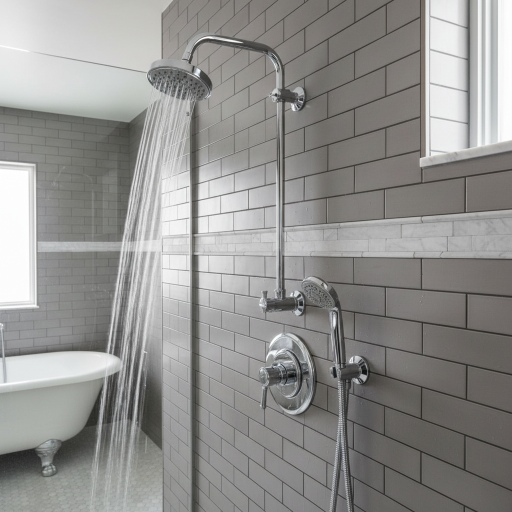 Polished chrome shower trim set on grey subway tiles in modern walk-in shower with water flowing