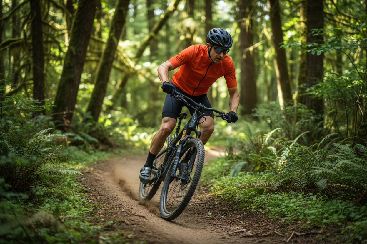 Pearl iZUMi Men's Quest Cycling Shorts black size M worn by cyclist on mountain bike trail in forest – More4less Outlet