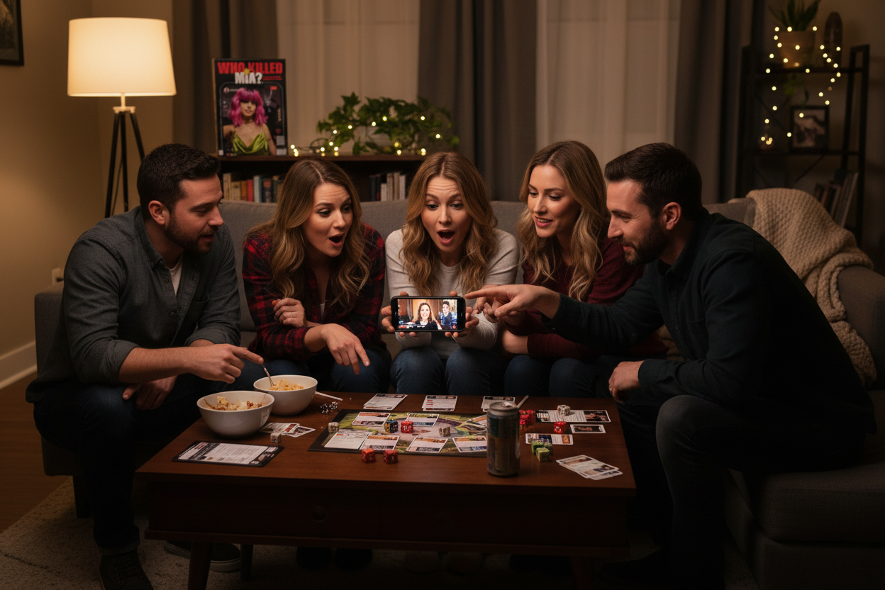 Adults playing Who Killed Mia? murder mystery game night with evidence cards and smartphone clues