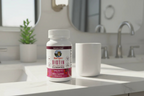 MaryRuth's Biotin Gummies bottle on modern bathroom vanity natural sunlight ceramic water glass