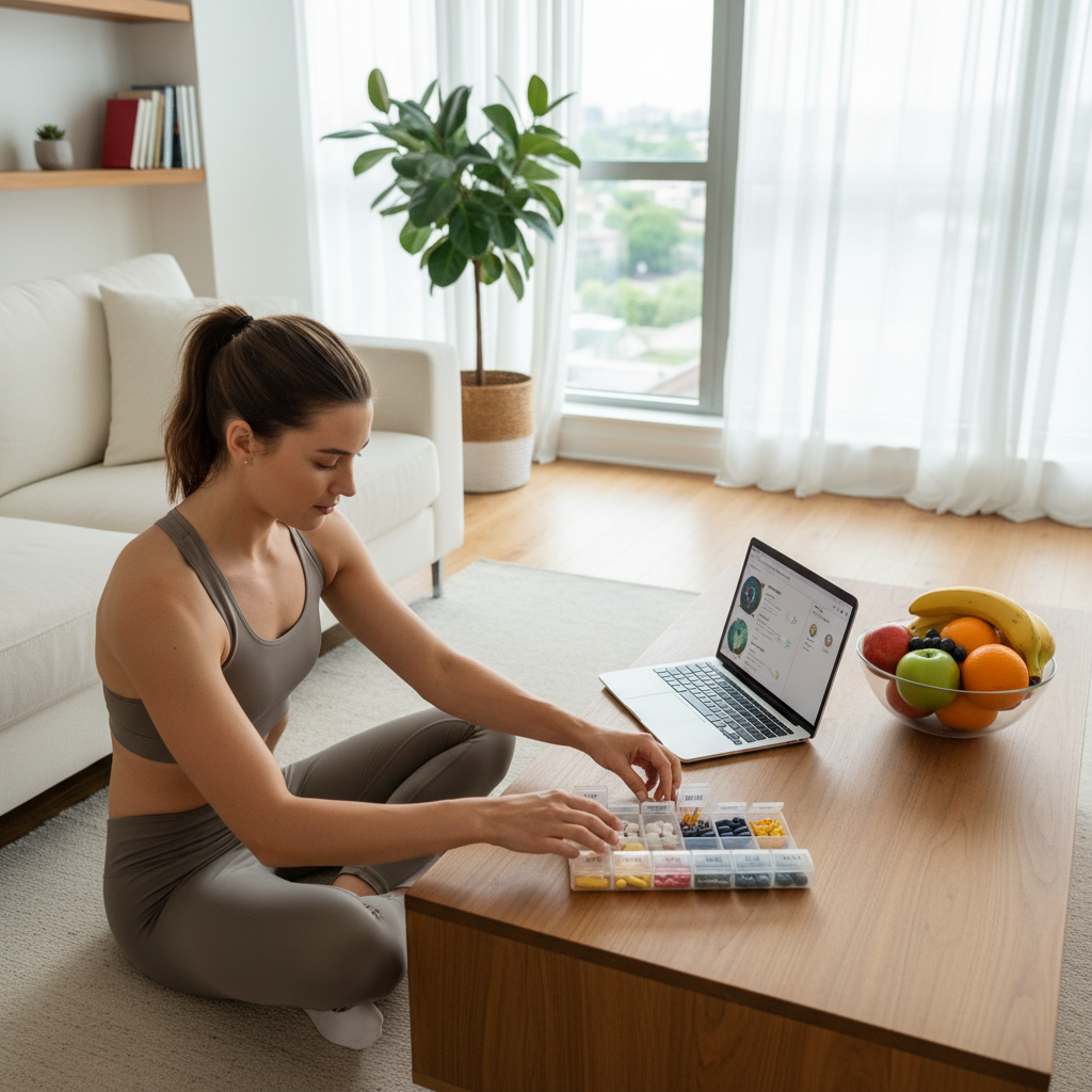 Active adult organizing daily vitamins at modern home workspace