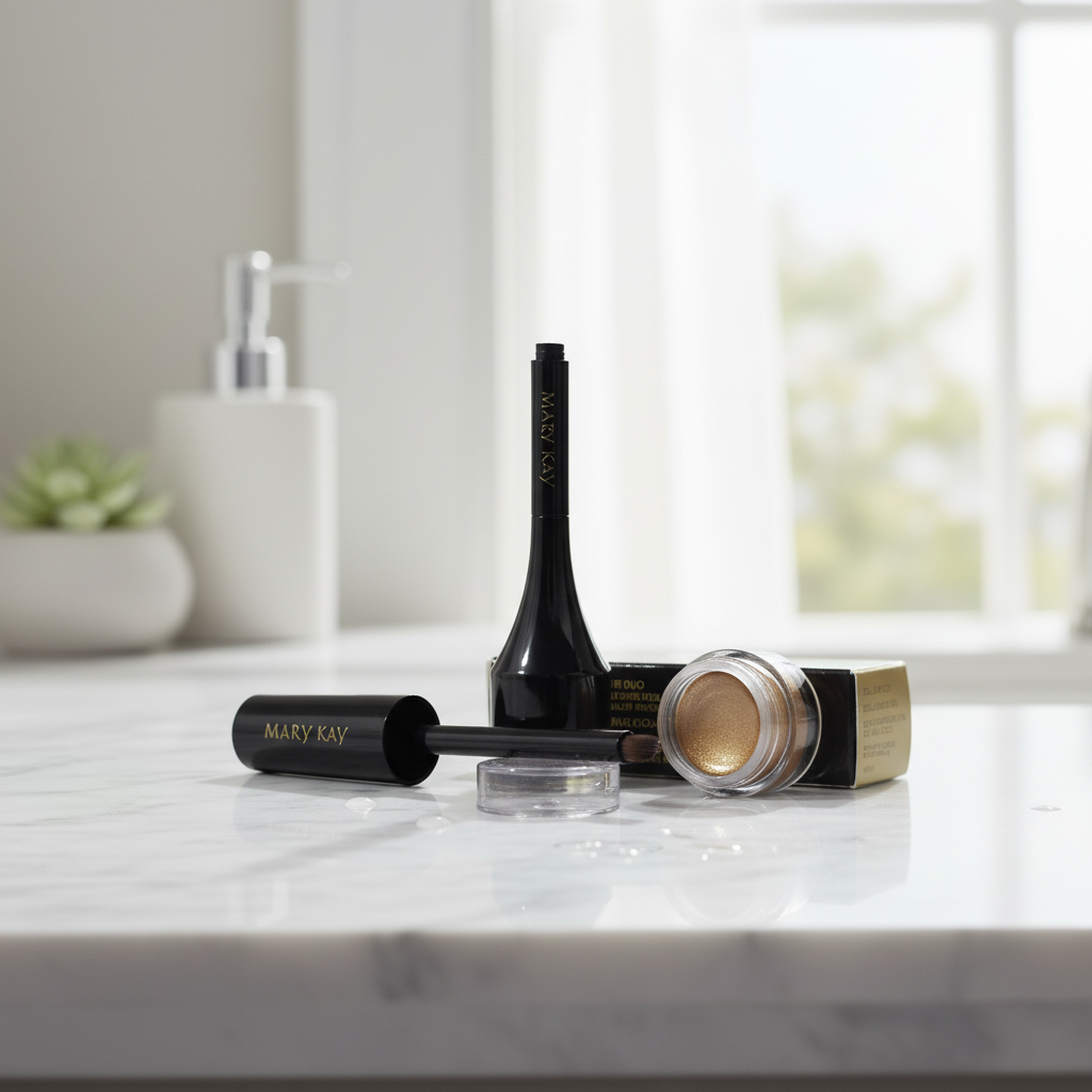 Mary Kay Gel Liner Duo Dramatic Gold on marble bathroom counter morning beauty routine soft natural light