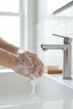 Hands lathering dense white hypoallergenic soap foam under running water