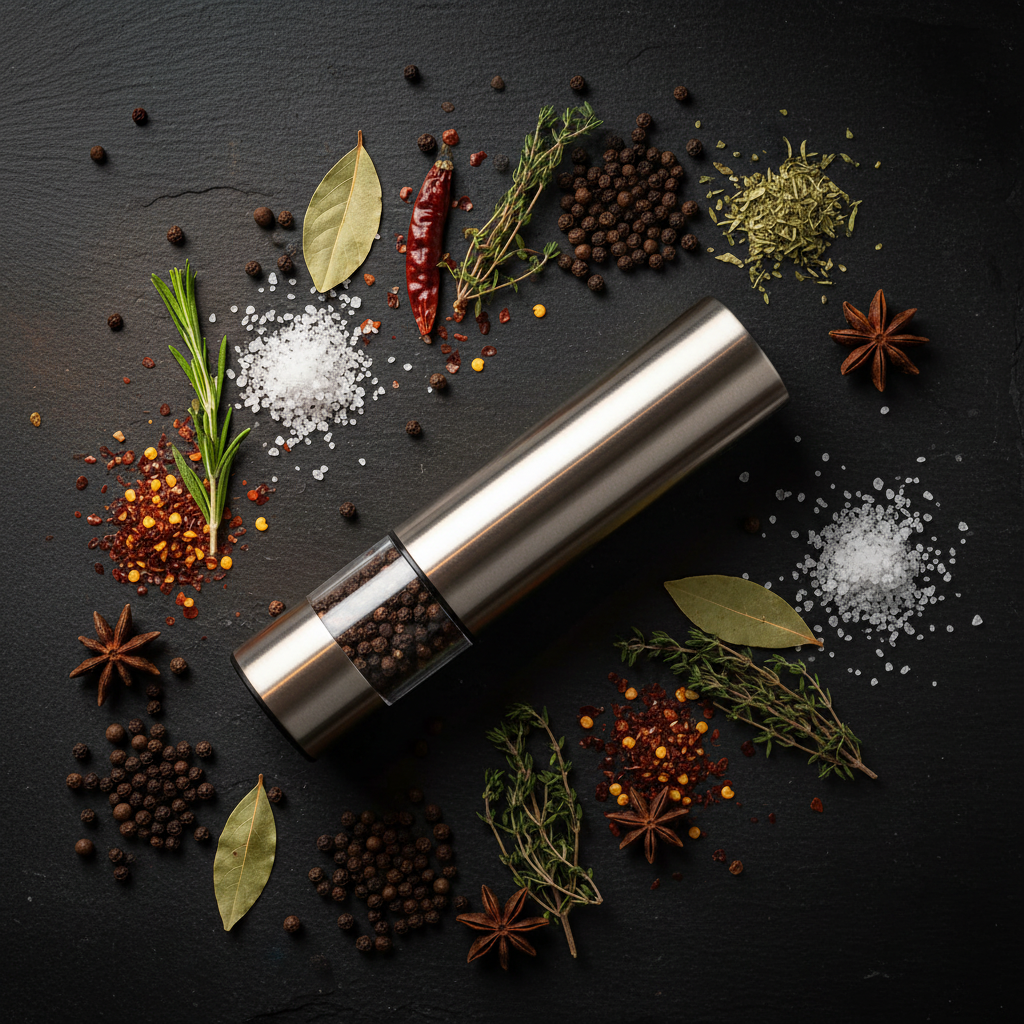 Prima Cucina Battery-Operated Pepper Mill flat lay on dark slate surface surrounded by whole black peppercorns, coarse sea salt, and dried spices, overhead moody kitchen shot