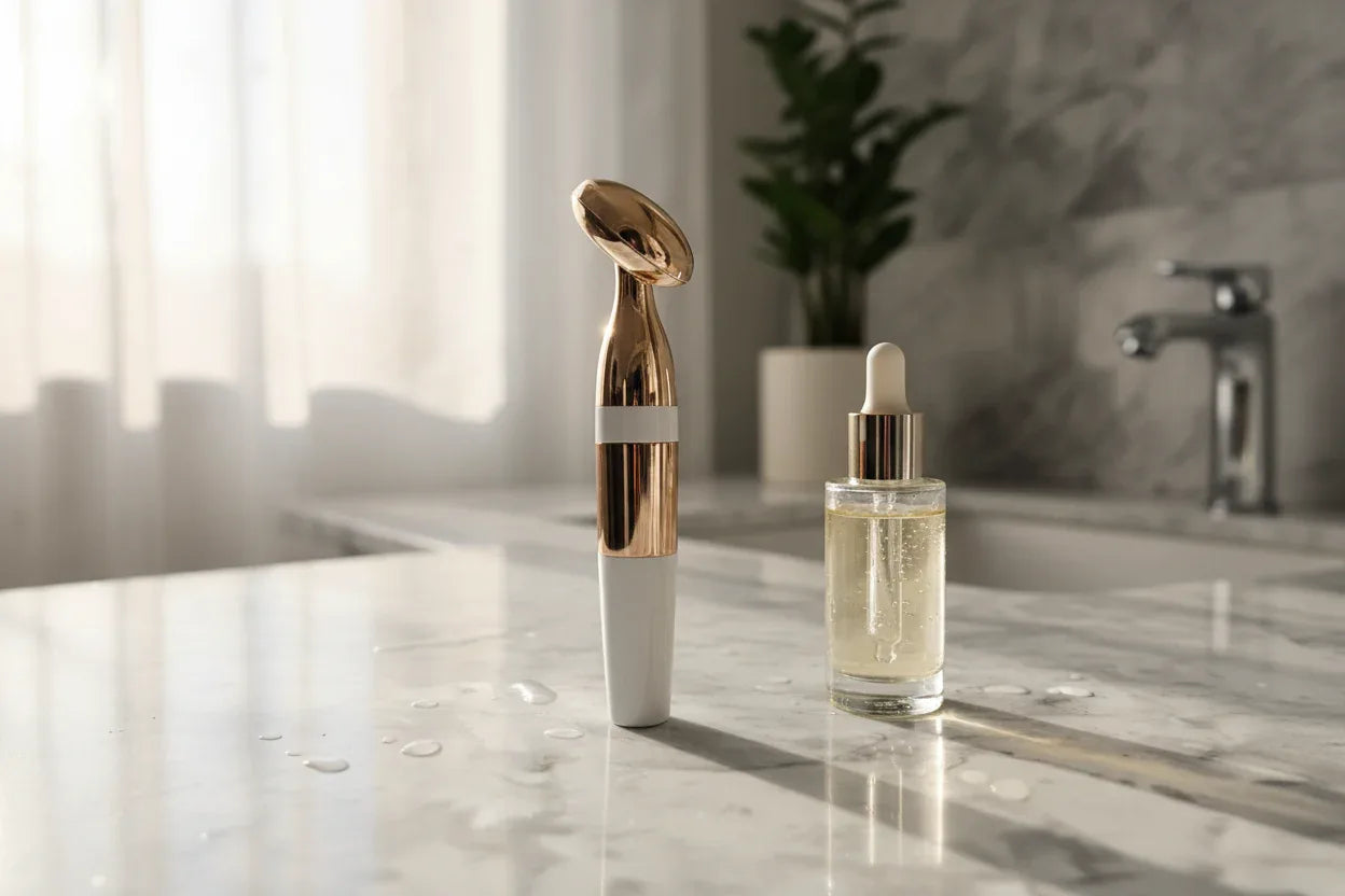Galahome Sonic Face Massager on a luxury marble bathroom vanity with morning natural light next to a serum bottle
