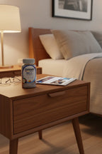 Centrum Men 50+ MultiGummies on mid-century wooden nightstand next to tablet and reading glasses in master suite
