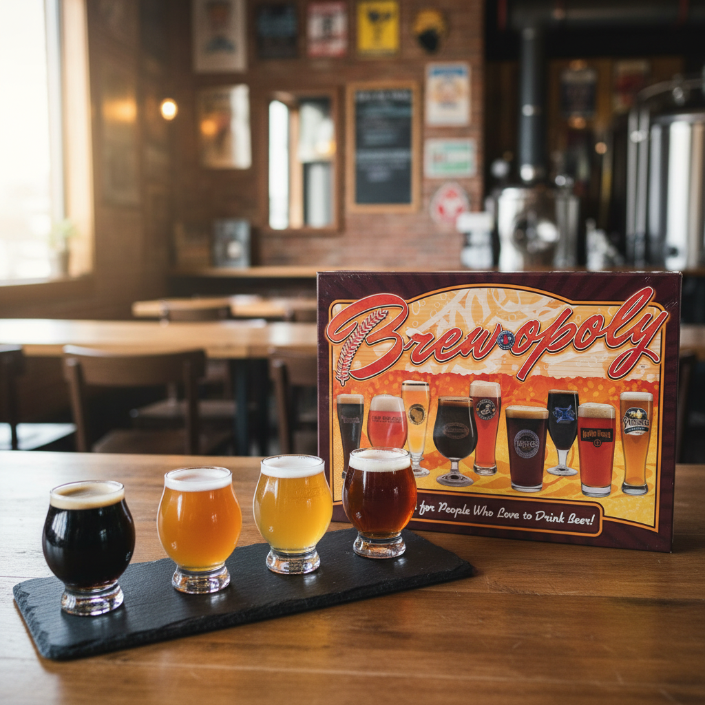 Brew-opoly Board Game beside craft beer flight in brewery tasting room - More4less Outlet