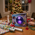 Bitzee Hamster Ball toy in its original blue packaging box presented as a birthday or holiday gift surrounded by colorful wrapping paper and ribbons