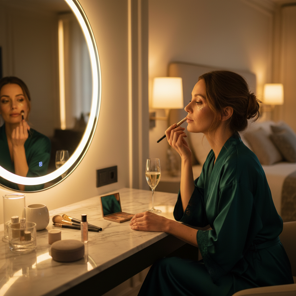 Woman getting ready for a night out applying eyeshadow