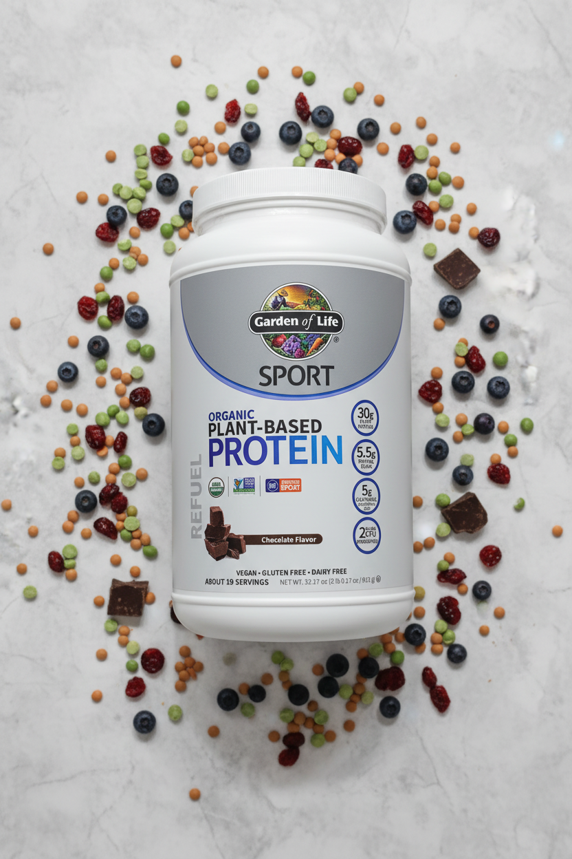 Garden of Life Sport Organic Plant Protein flat lay on grey background with peas lentils cranberries and blueberries