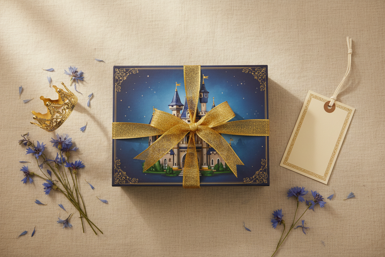 Blue and gold building toy gift flat lay with sparkly ribbon, golden crown, dried blue flowers and gift tag on cream linen