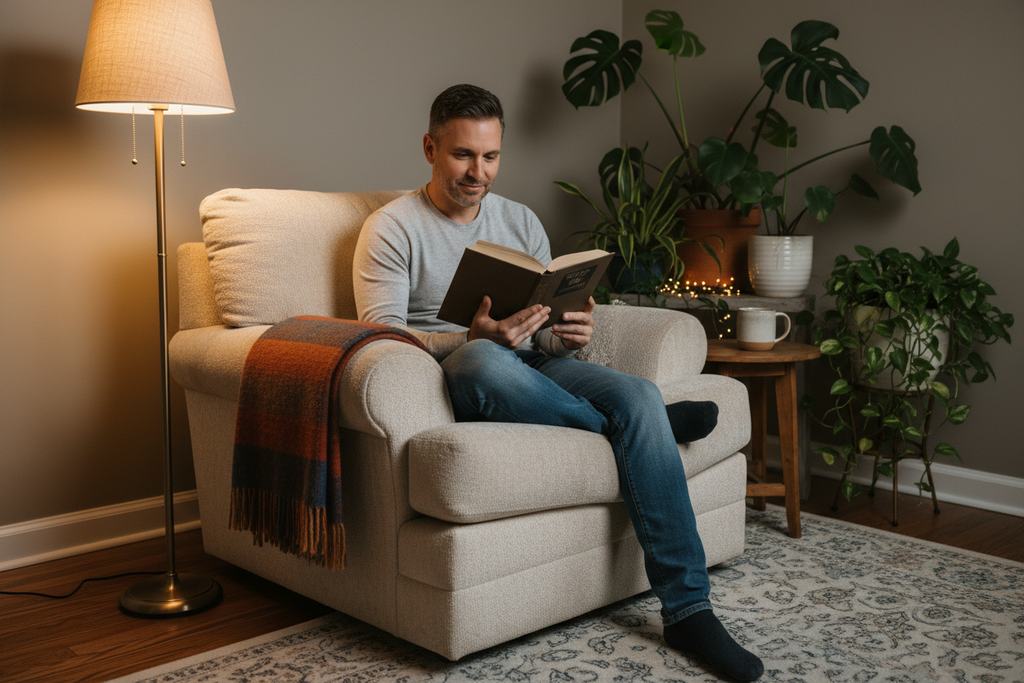 Man relaxing peacefully in cozy armchair reading a book - relaxation and wellness lifestyle