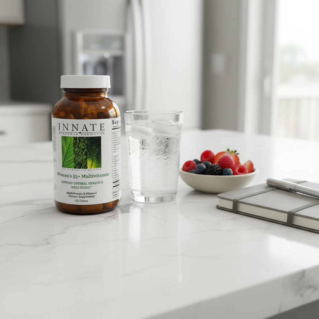 Innate Response Women's 55+ Multivitamin on white quartz breakfast island with iced water, organic berries, and morning planner