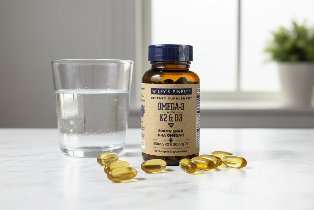 Wiley's Finest Omega-3 K2 D3 softgel bottle on white marble surface with water glass – More4less Outlet