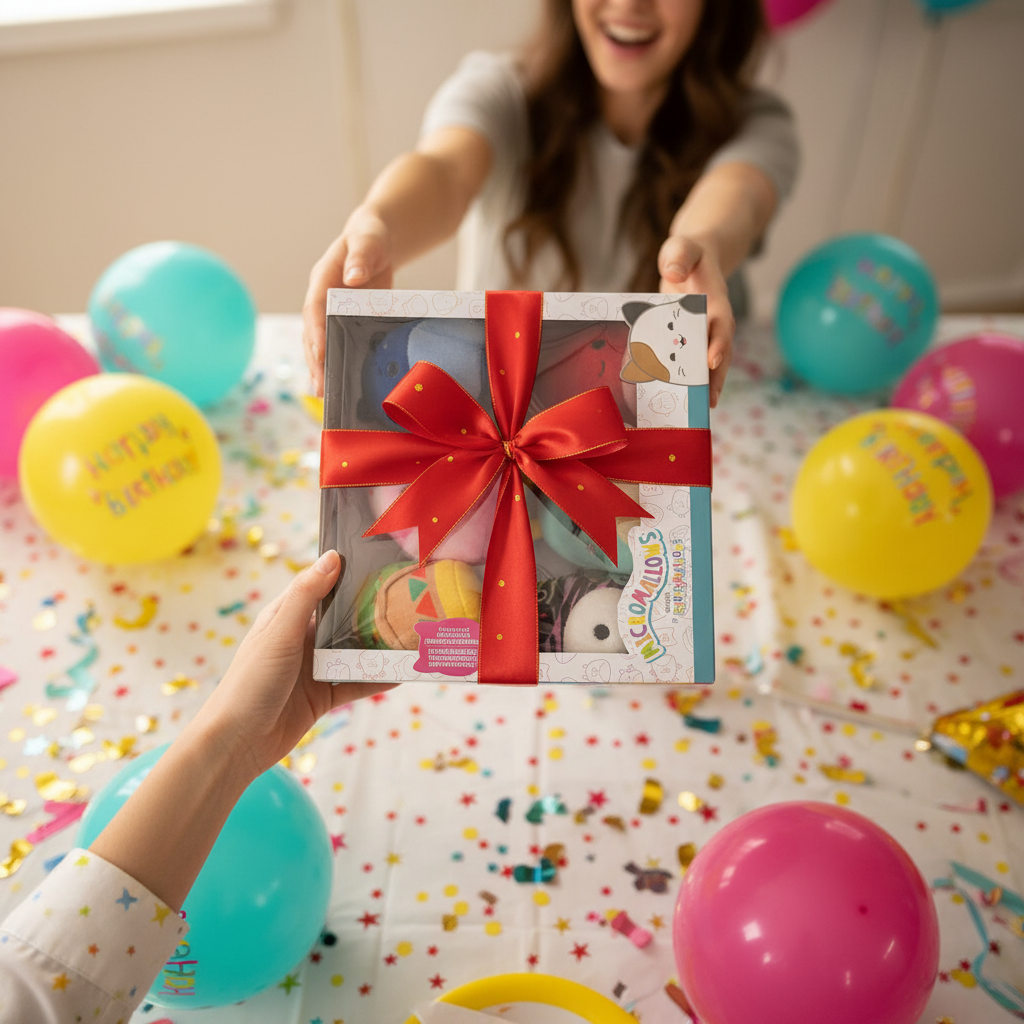 Squishmallows Micromallows 6-Pack Series 2 as a birthday gift with ribbon and balloons — More4less Outlet lifestyle image