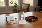 Dog DNA kit components with water glass and leash on kitchen counter
