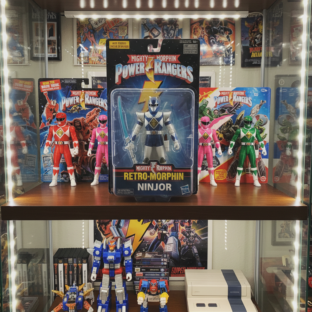 Power Rangers Retro-Morphin Ninjor figure displayed on collector shelf with other Power Rangers figures — More4less Outlet