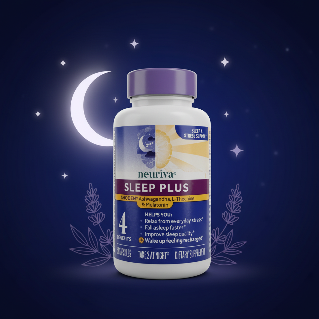 Neuriva Sleep Plus bottle midnight blue editorial with crescent moon stars and lavender botanicals – More4less Outlet