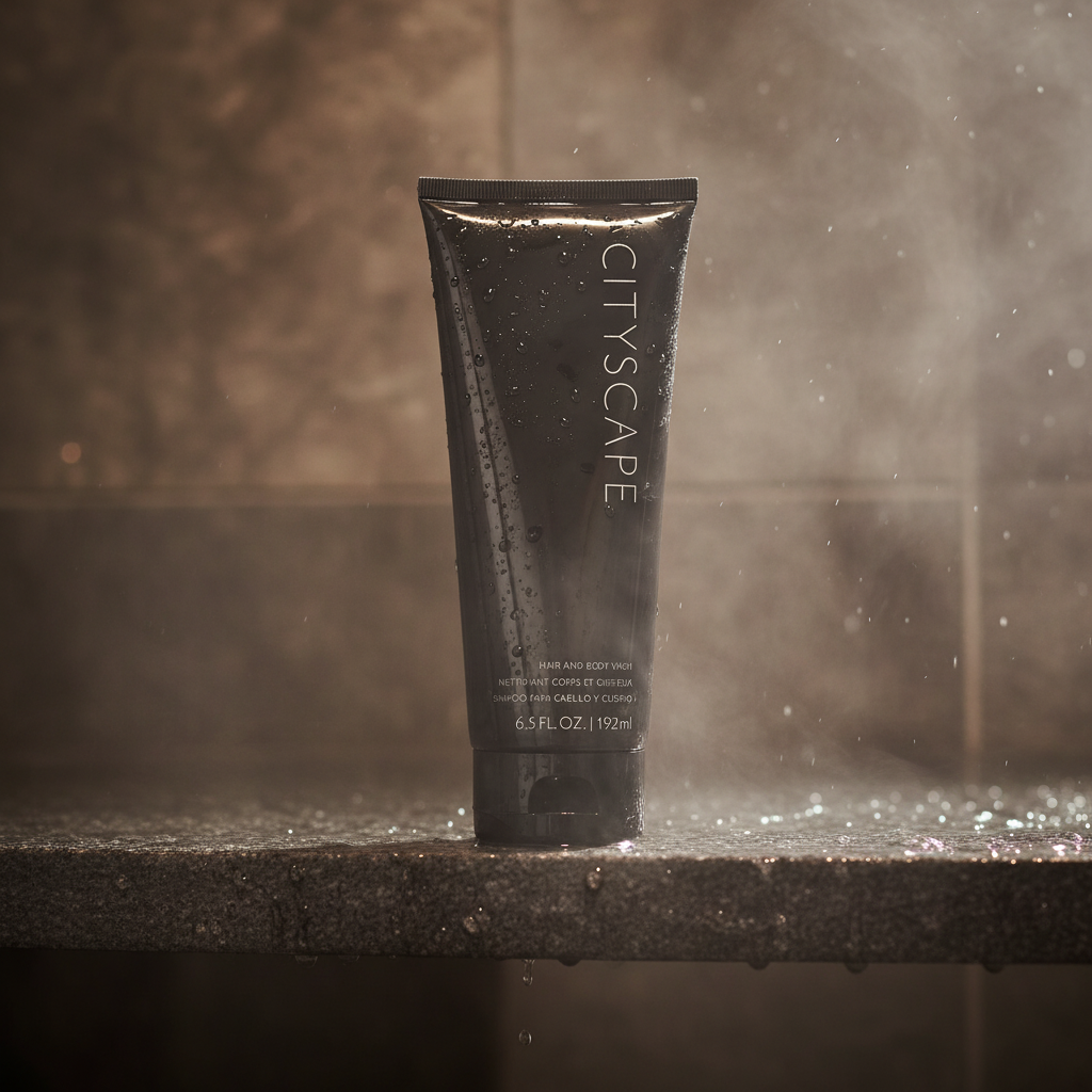 Lifestyle context image of Mary Kay Cityscape Hair and Body Wash (AI-generated for visual illustration only) – wet stone shower shelf with steam – More4less Outlet