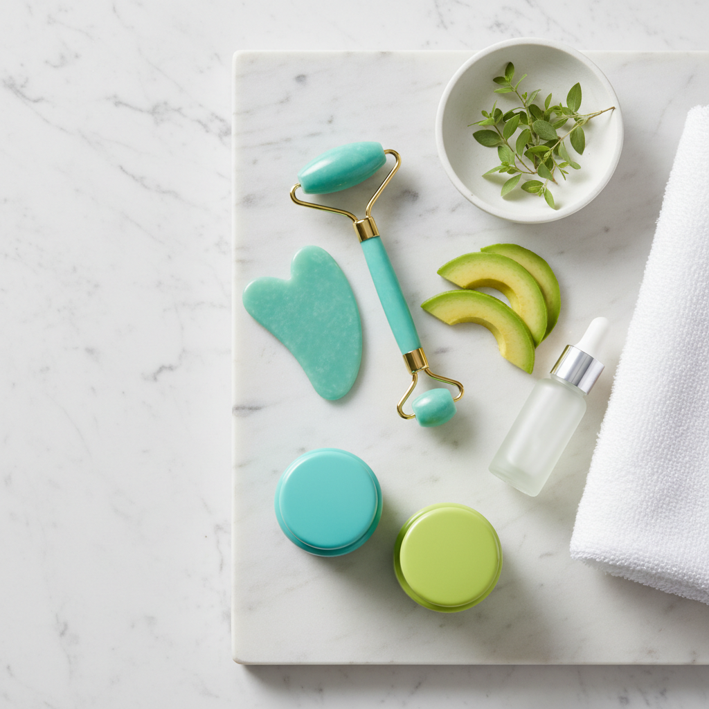 Minimalist spa arrangement with turquoise and avocado skincare essentials