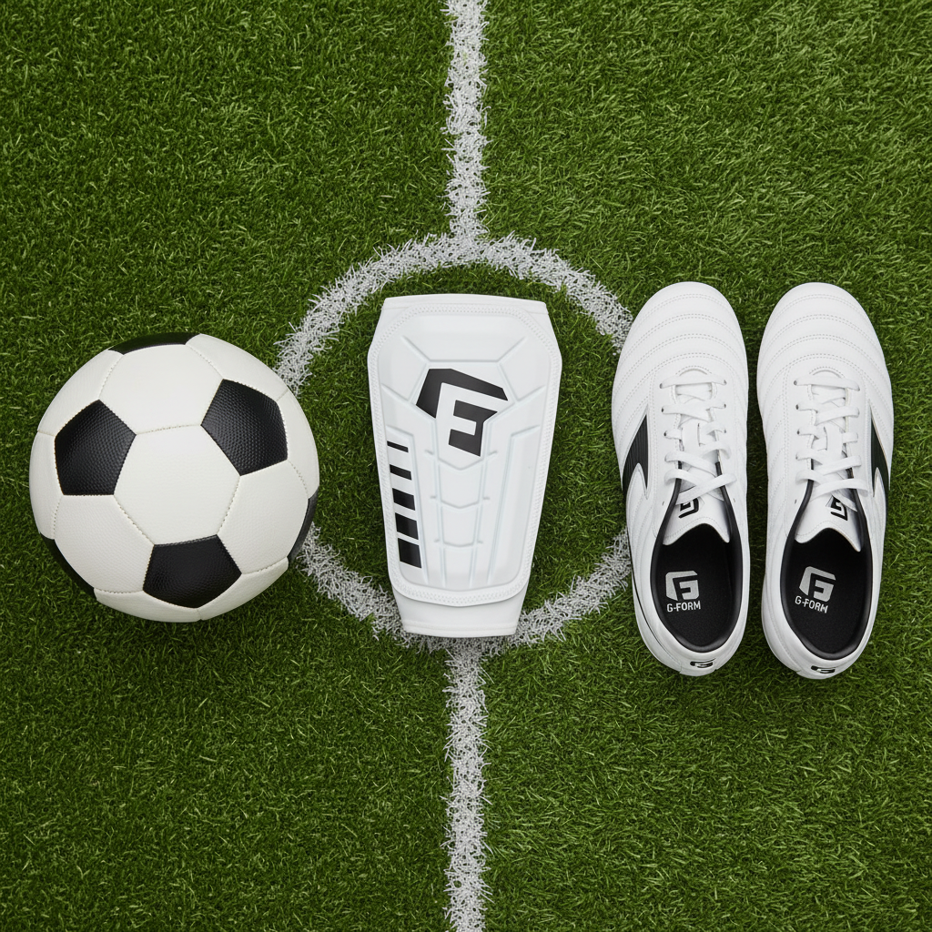 G-Form Pro-S Vento Shin Guards Large flat lay on soccer turf with white cleats and ball