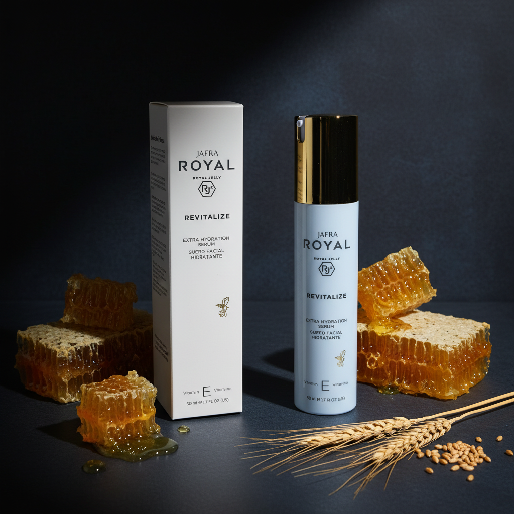 JAFRA Royal Revitalize Extra Hydration Serum dark luxury editorial with royal jelly accents – More4less Outlet