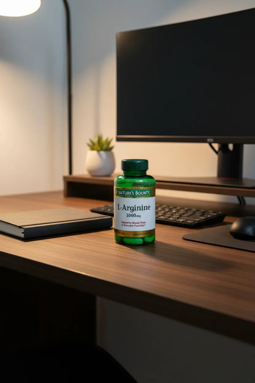 Nature's Bounty L-Arginine 1000mg on dark-oak home office workstation with premium notebook and computer setup — More4less Outlet.