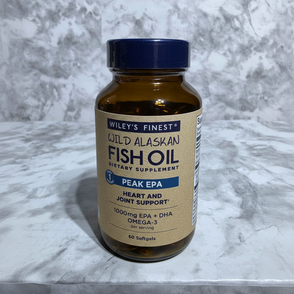 AI-generated contextual image of Wiley's Finest Peak EPA Wild Alaskan Fish Oil 60 Softgels at a gentle three-quarter angle