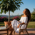 Young woman with defined bouncy curls air-drying hair outdoors on sunny patio carefree lifestyle photo