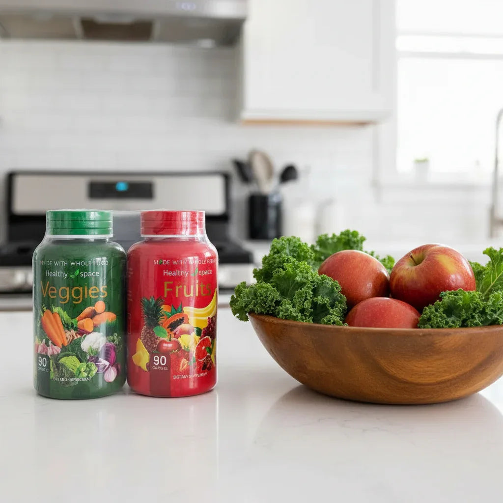 Healthy Space Fruits & Veggies supplement bundle on white quartz kitchen island next to wooden bowl of fresh kale and red apples