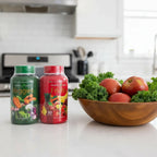 Healthy Space Fruits & Veggies supplement bundle on white quartz kitchen island next to wooden bowl of fresh kale and red apples