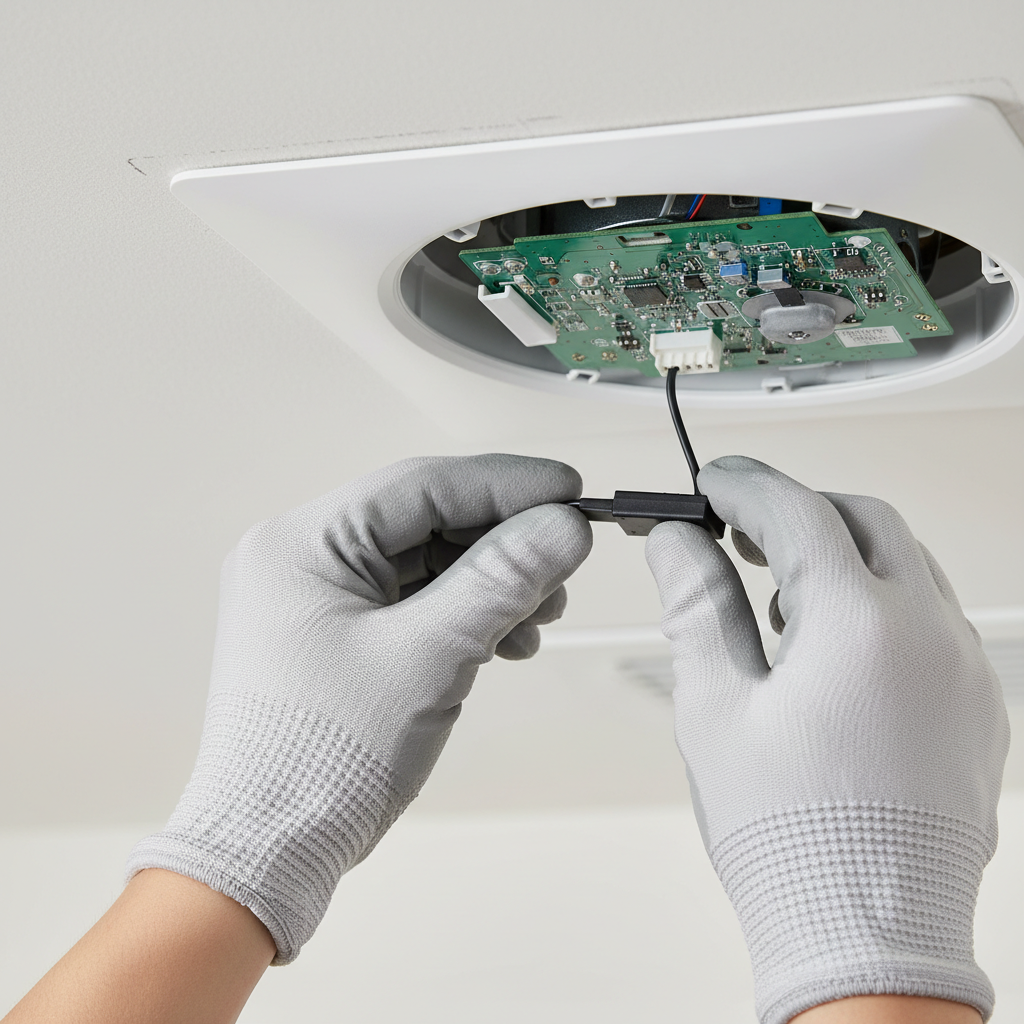Hands plugging Panasonic FV-CSVK1 condensation sensor module into WhisperGreen Select fan snap-in slot