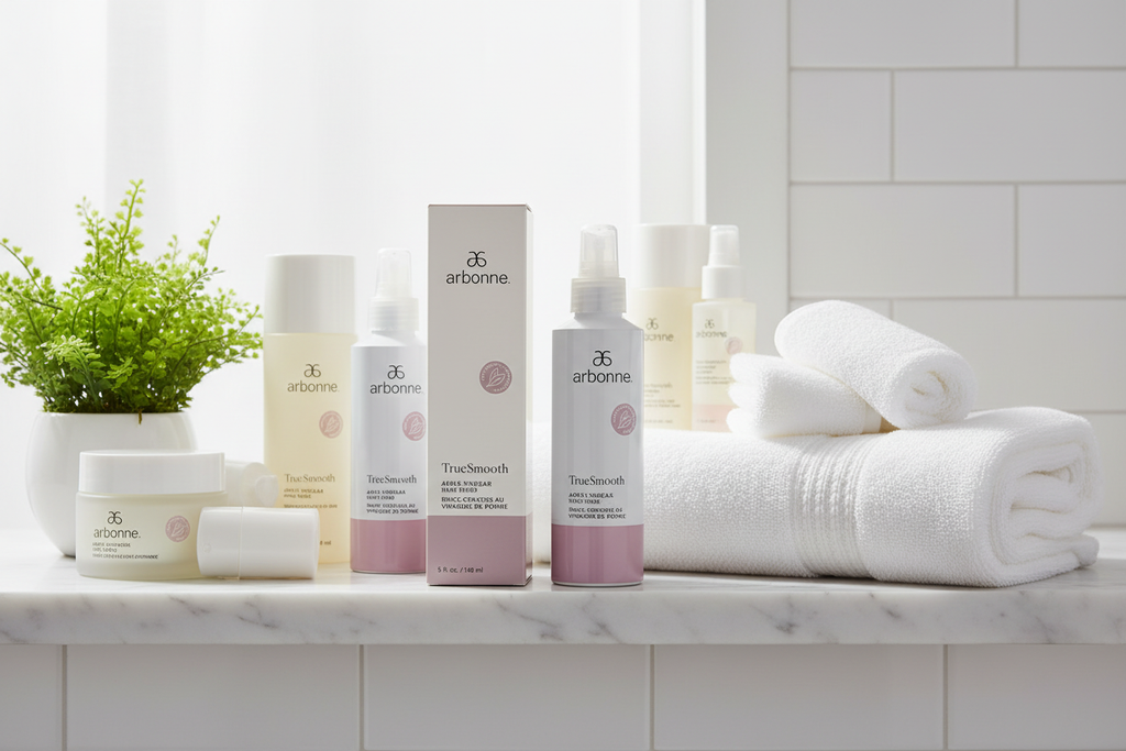 Arbonne TrueSmooth Apple Vinegar Hair Rinse bottle and box on spa bathroom shelf with clean beauty products and white towels – More4less Outlet