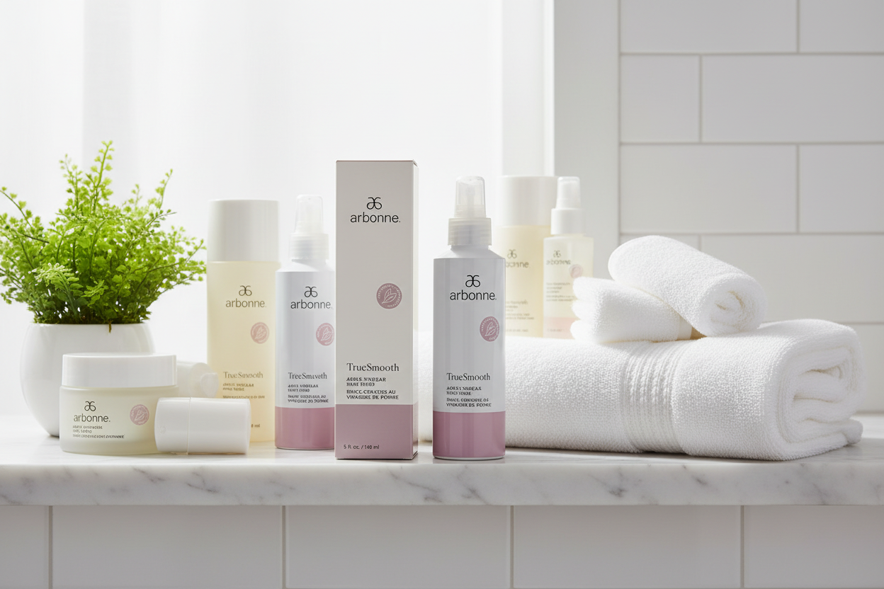 Arbonne TrueSmooth Apple Vinegar Hair Rinse bottle and box on spa bathroom shelf with clean beauty products and white towels – More4less Outlet