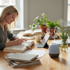 Person studying at bright wooden desk with aromatherapy diffuser misting and fresh rosemary sprigs nearby in soft natural light