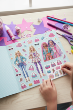 Barbie Extra fashion stickers applied to scrapbook page creating fashion lookbook with pink and purple craft supplies in kids styling activity
