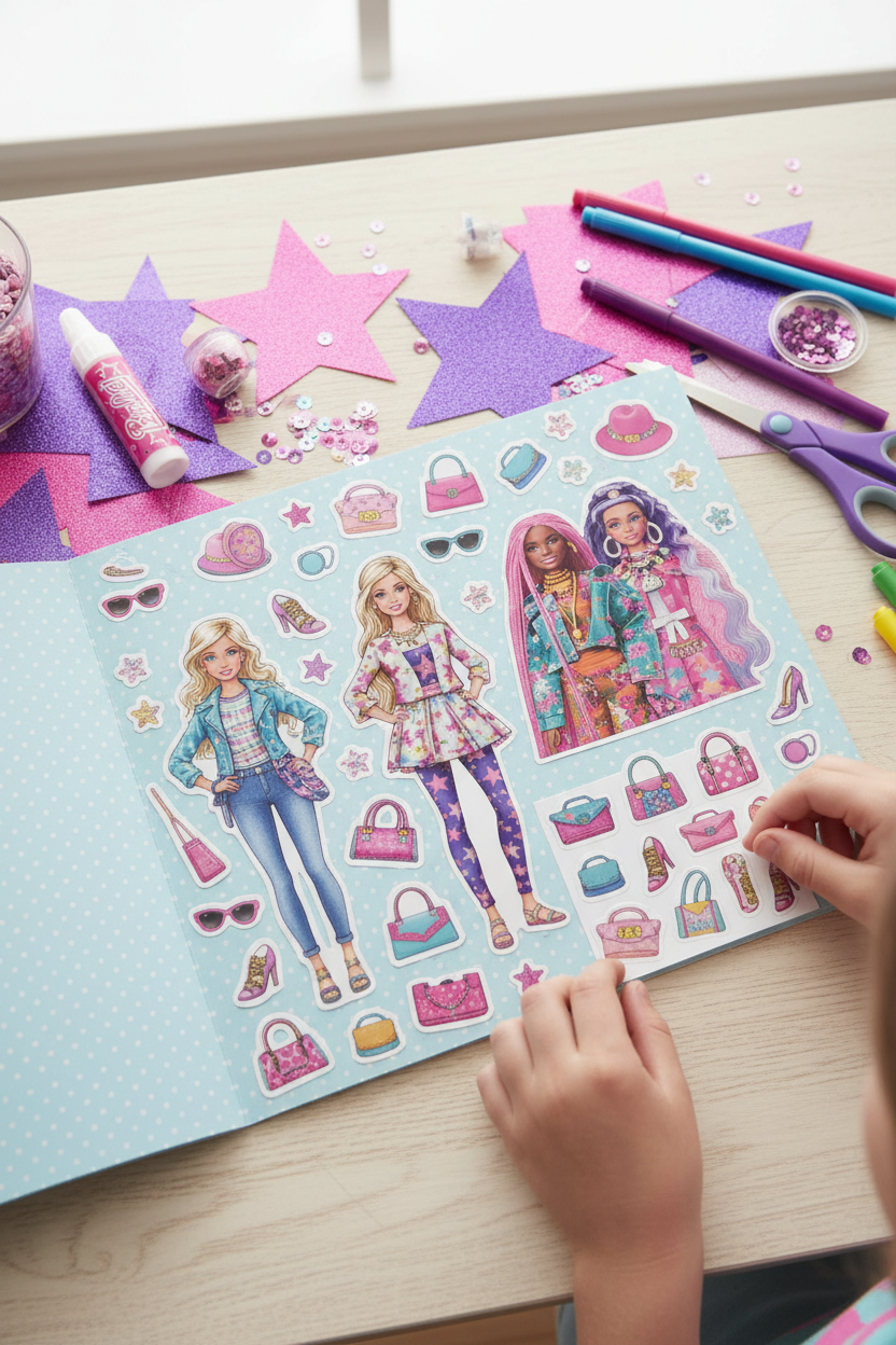 Barbie Extra fashion stickers applied to scrapbook page creating fashion lookbook with pink and purple craft supplies in kids styling activity