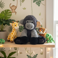 Animal Adventure Gray Gorilla Plush on child bedroom shelf with jungle themed decor and plush animals - More4less Outlet