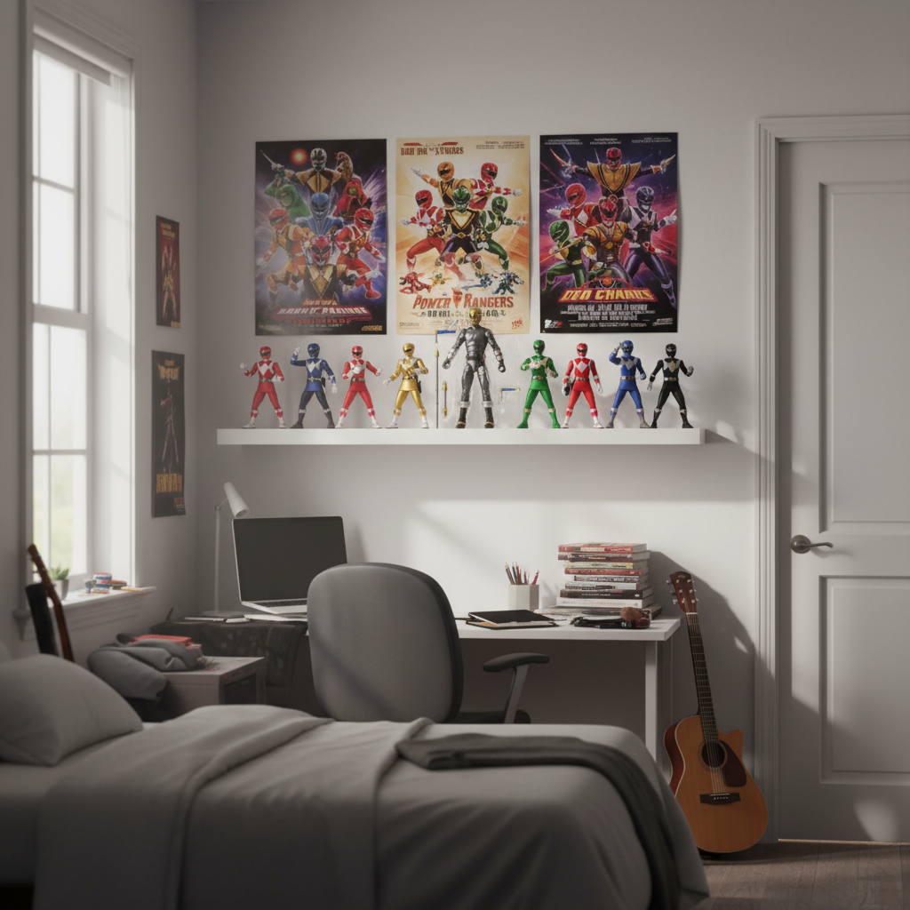 Power Rangers Lightning Collection Zeo Cog figure displayed in a dynamic battle pose on a teenager's bedroom shelf with Power Rangers posters — More4less Outlet
