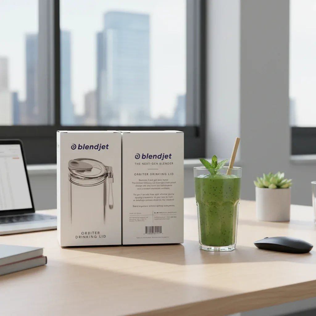 BlendJet Orbiter Drinking Lid on office desk with healthy smoothie