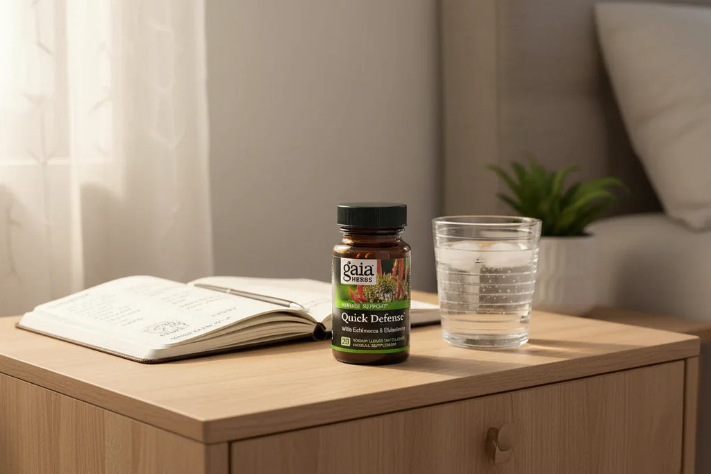 Gaia Herbs Quick Defense 20ct Phyto-Caps on light wood nightstand with health planner and water — morning wellness supplement routine