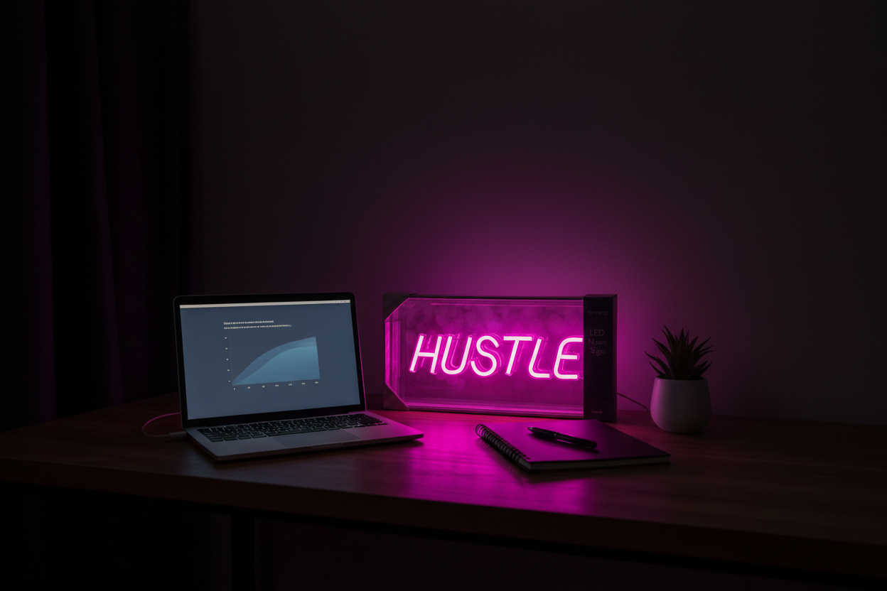 Elements HUSTLE pink LED neon sign on home office desk lifestyle