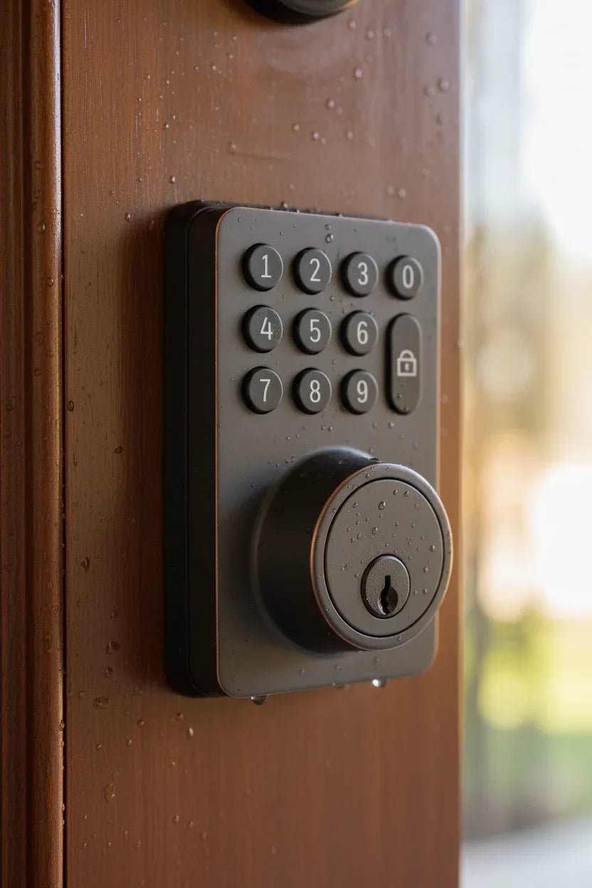 Close-up of high-quality oil rubbed bronze deadbolt hardware reflecting soft outdoor light on a wooden door