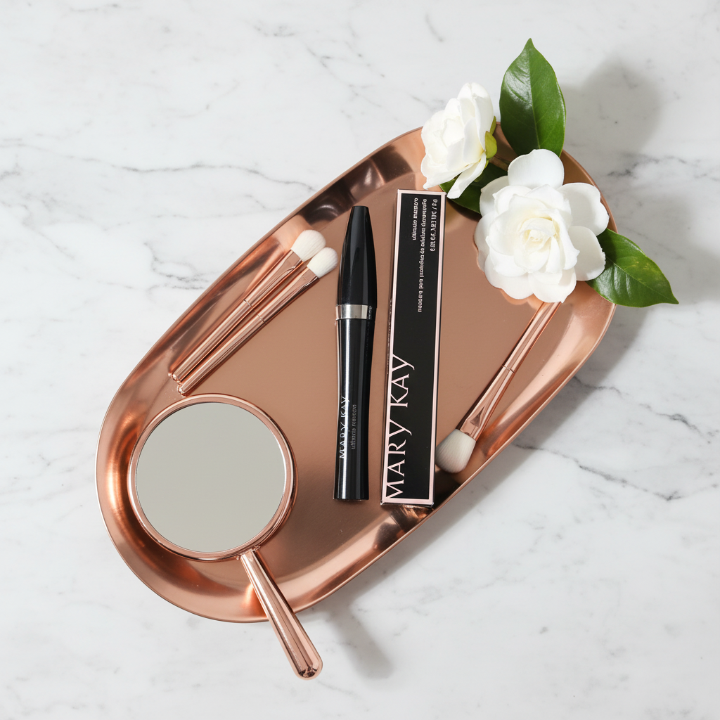 Mary Kay Ultimate Mascara Black cylindrical tube with silver band flat-lay on a rose-gold vanity tray with makeup brushes, a small mirror, and soft white flowers on white marble — feminine beauty flat-lay