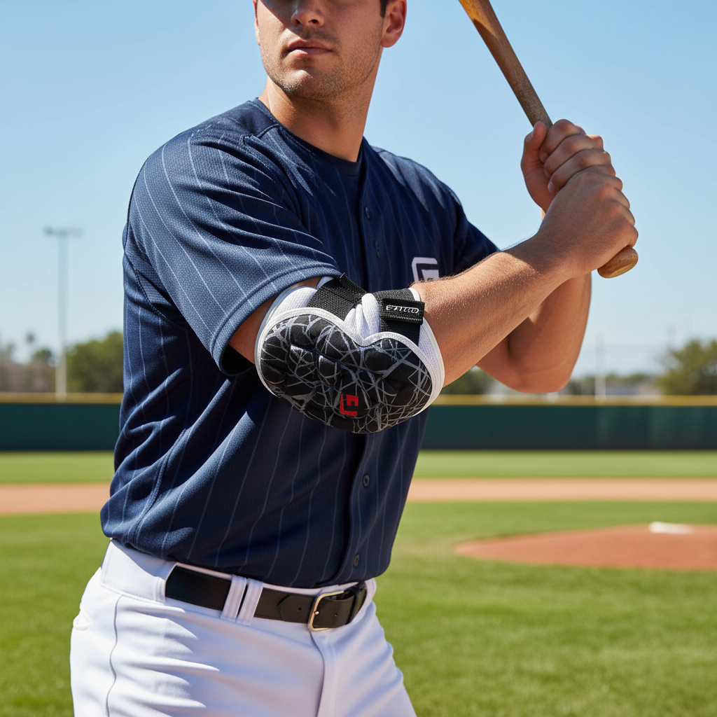 AI-generated contextual image of a G-Form Elite 2 baseball batter's elbow guard worn in a batting stance